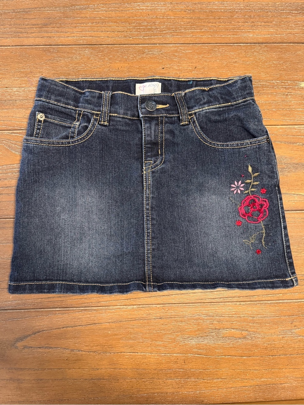 1989 Place Dark Blue Denim Skirt with Red Floral Embroidery #2